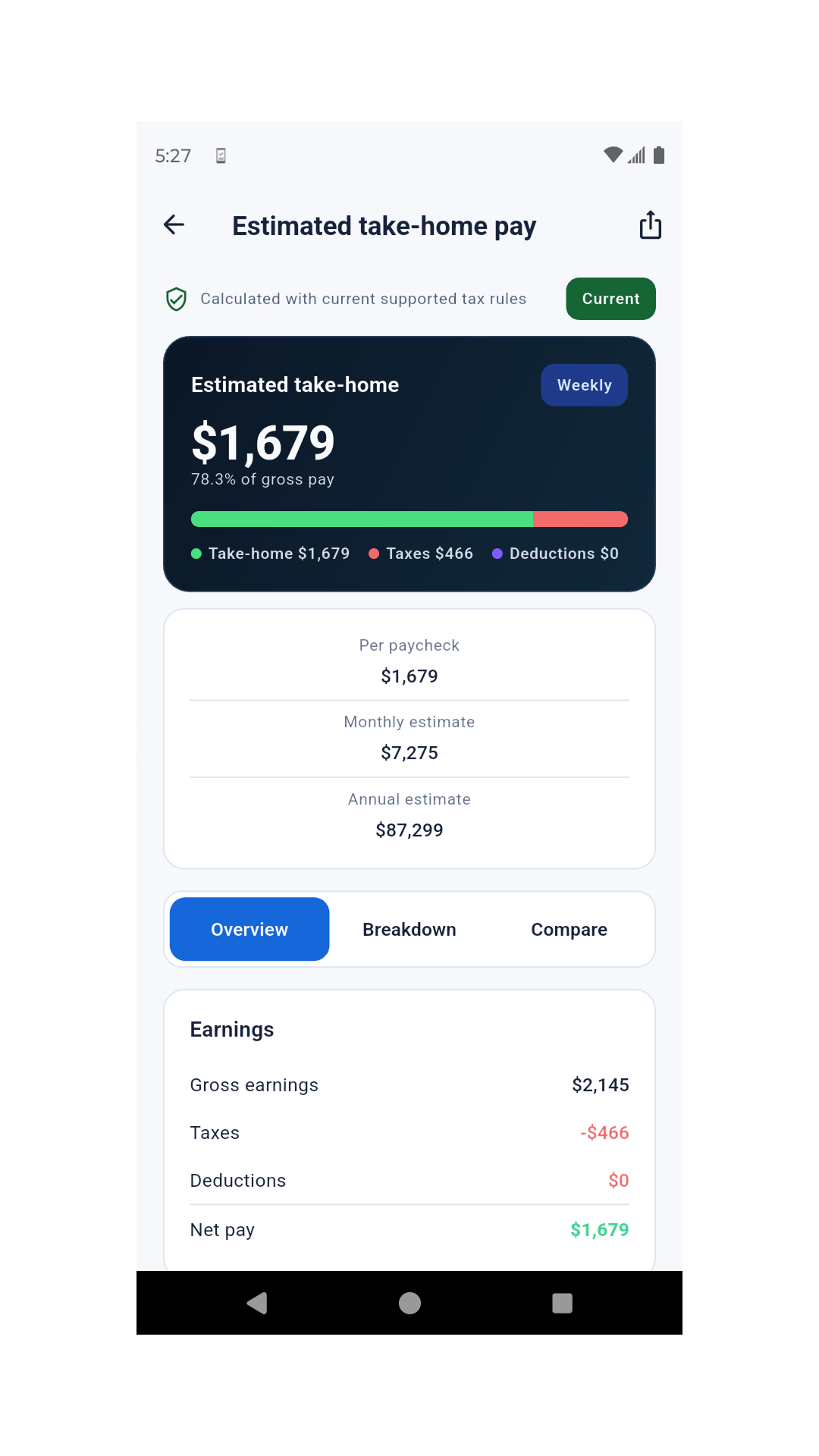 Madison Paycheck app estimated take-home pay result screen