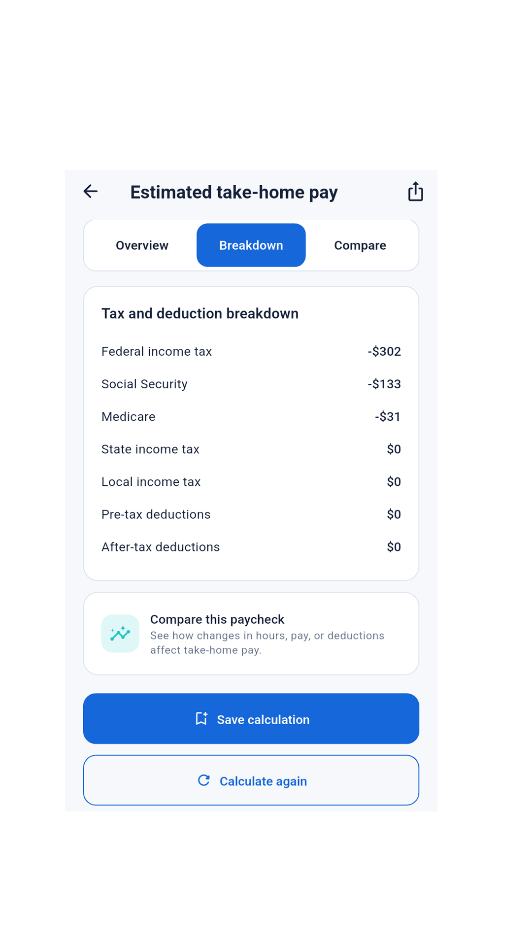 Madison Paycheck app tax and deduction breakdown screen