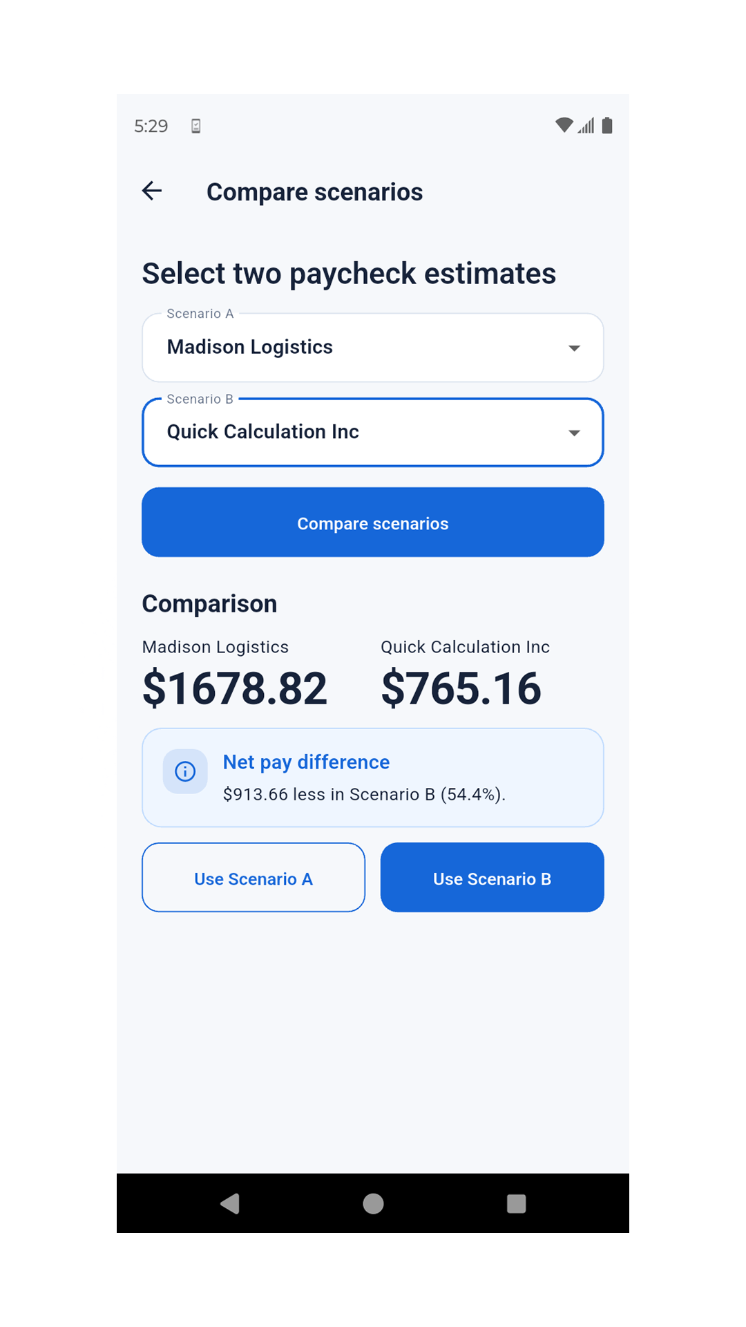 Madison Paycheck app paycheck scenario comparison screen